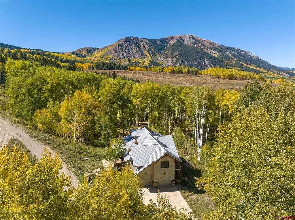 Cabin in a forest clearing with a mountain and blue sky in the background