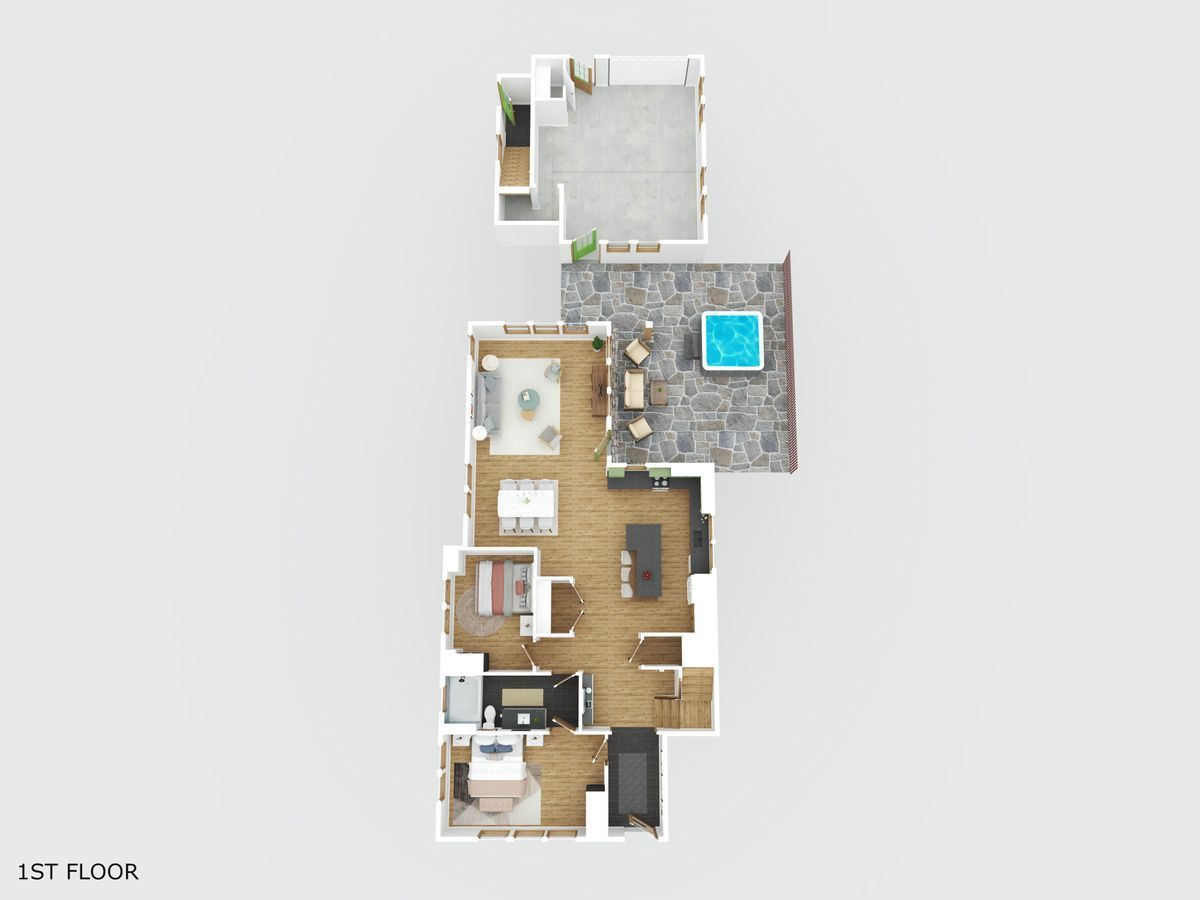 Floor plan of a first-floor apartment, with rooms, furniture, and a small pool on the right.