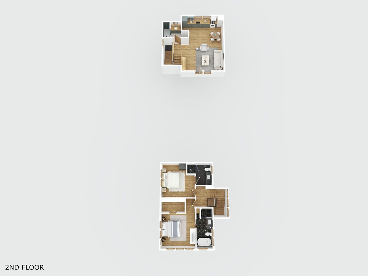 Two small beige-and-brown floor plan layouts on a white background, labeled “2FL FLOOR” and “2FC FLOOR”