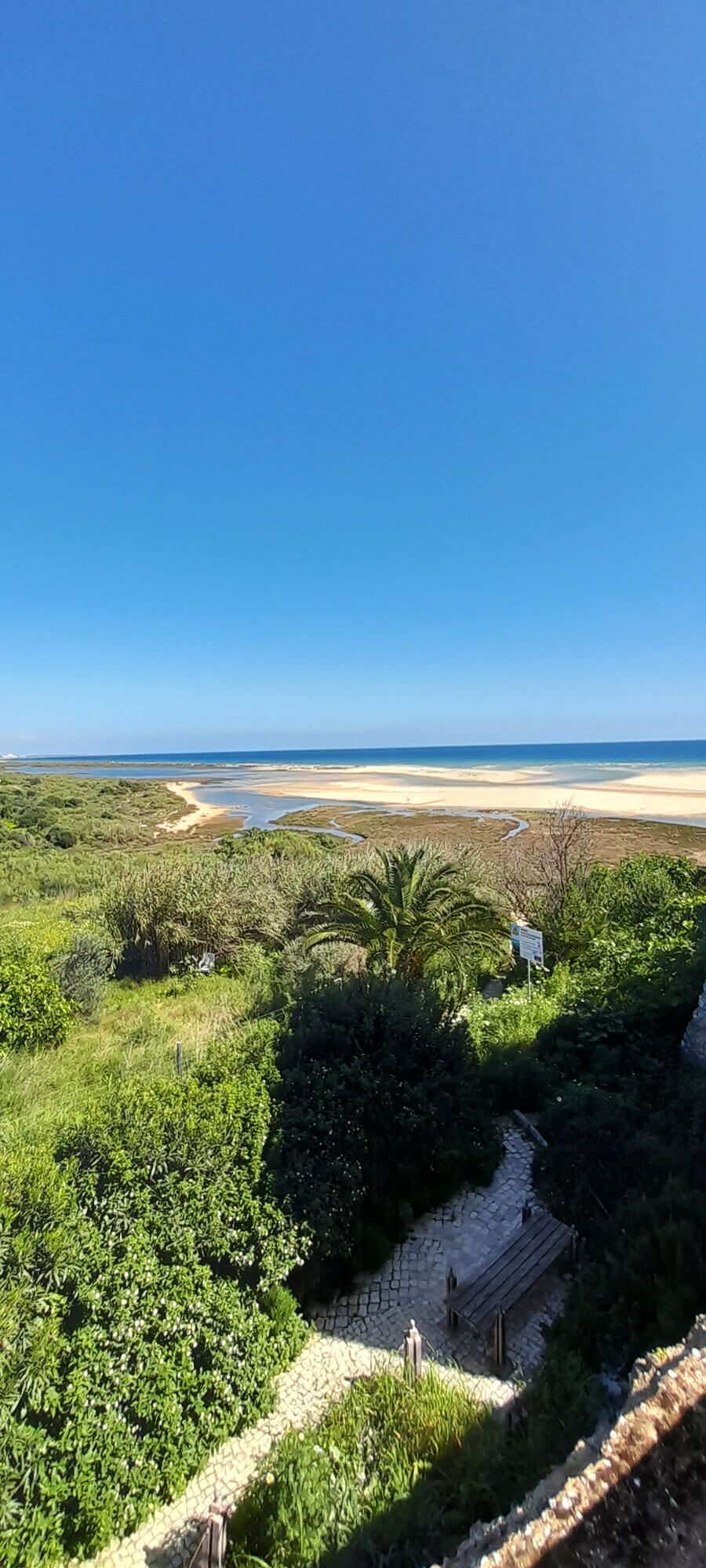 Ein Blick auf das Meer von einer Klippe mit Blick auf ein üppiges grünes Feld an der Algarve