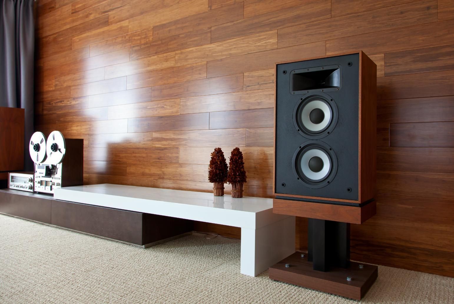 Modern living room with wood-paneled wall, white shelf, and black floor-standing speaker