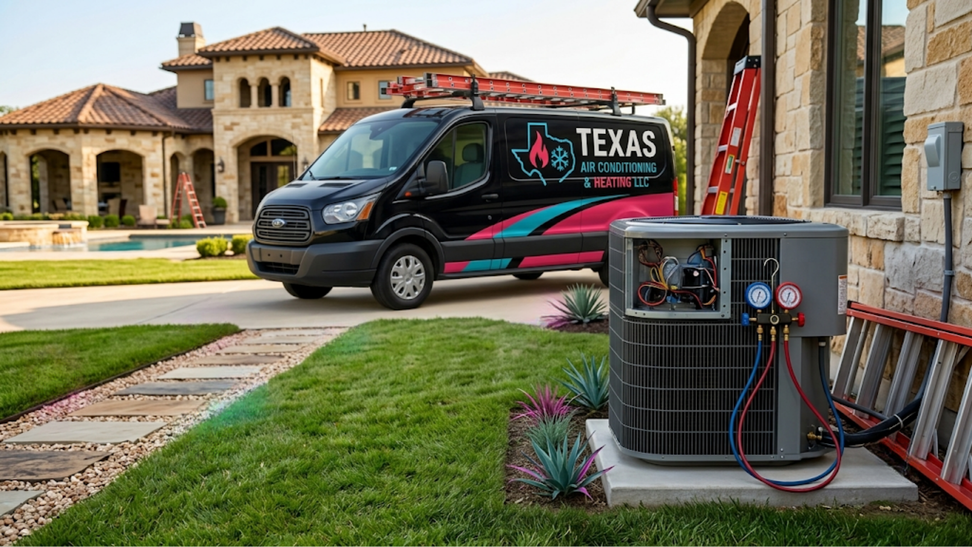Technician using gauges to service an outdoor air-conditioning unit