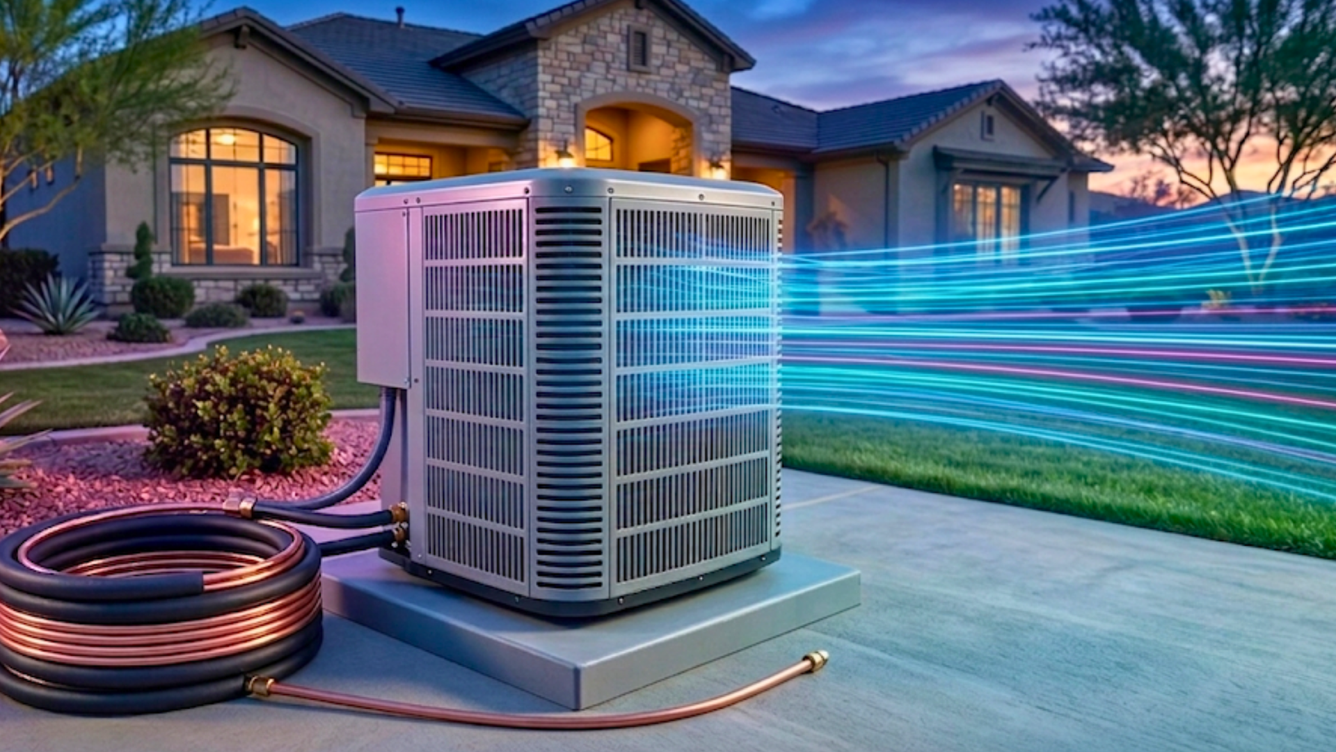 Outdoor Trane air conditioning unit beside a white house wall and basement window well