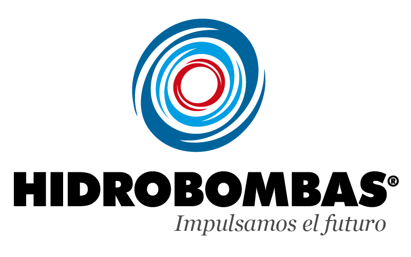 Logotipo para Hidrobombas: gráfico en espiral azul y rojo sobre la palabra 