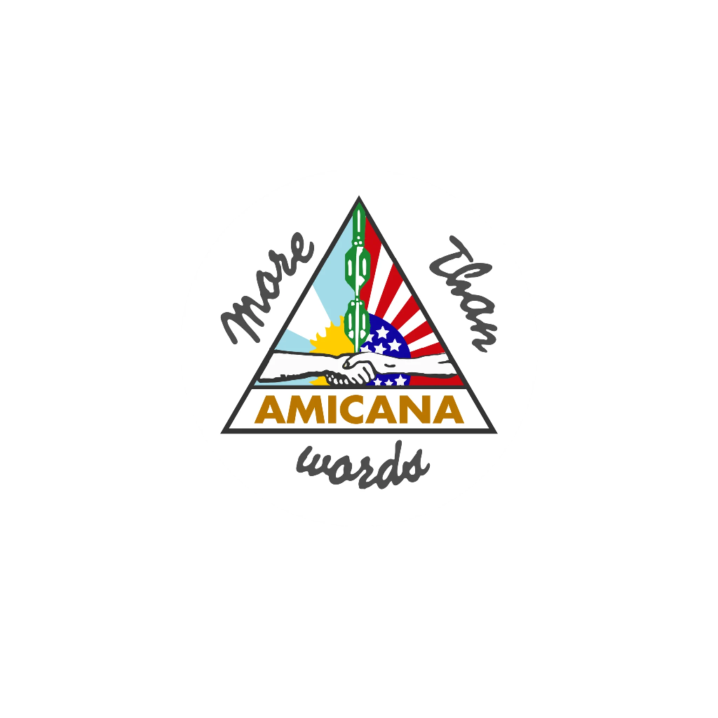 Logotipo con un triángulo que contiene un apretón de manos, banderas y el texto 