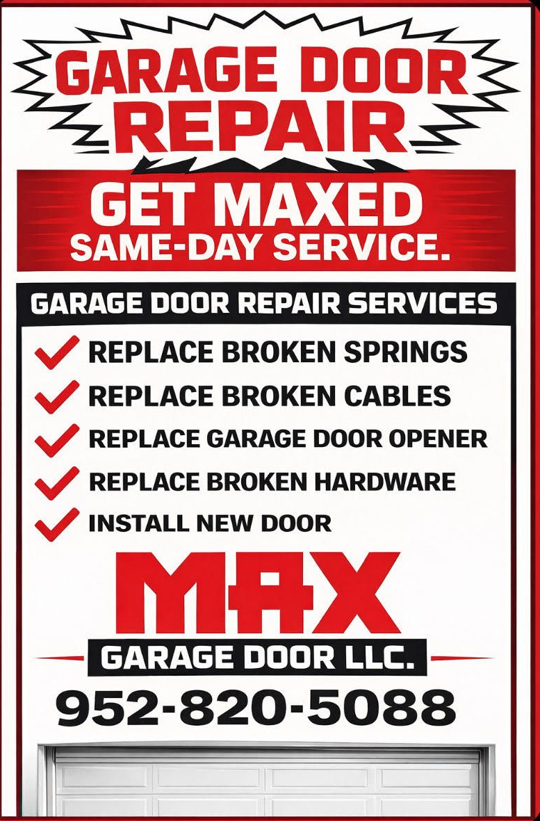 Garage door repair ad with red and white text, offering same-day service and listing repairs