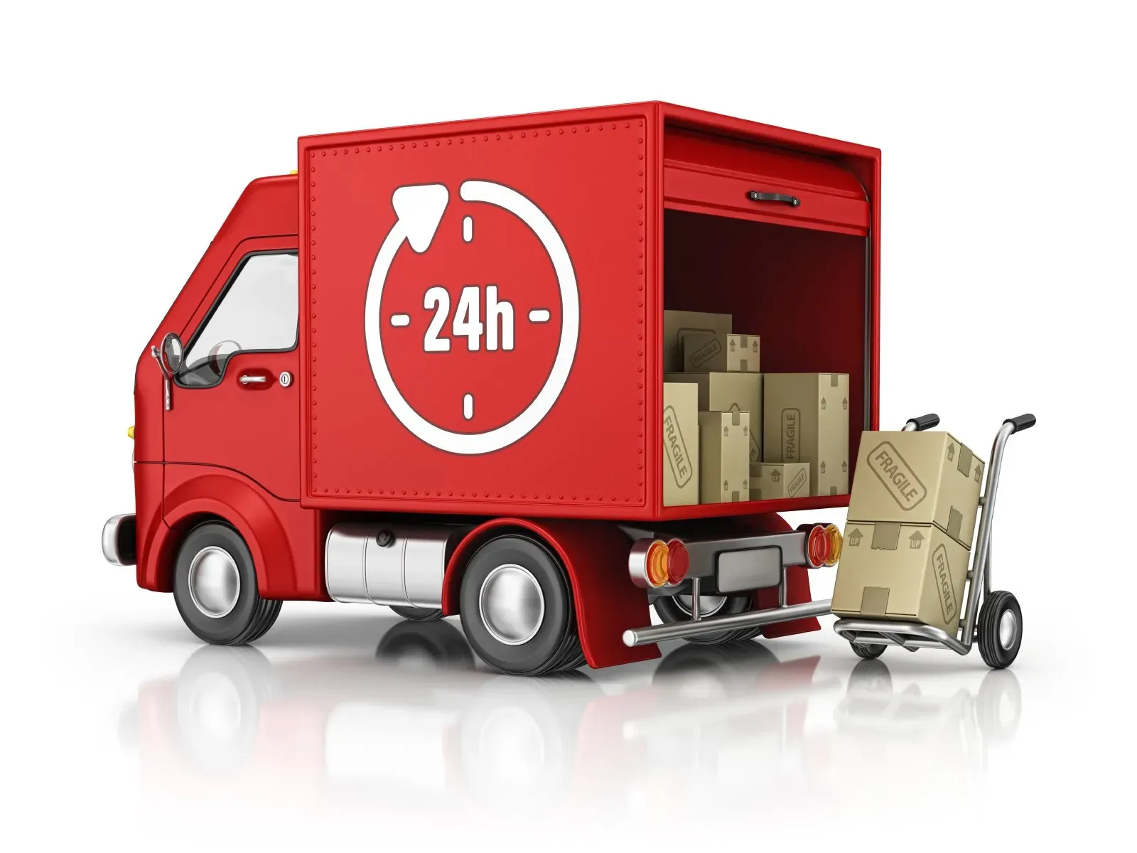 Roter Lieferwagen mit 24h-Logo und Kisten, die vor weißem Hintergrund entladen werden