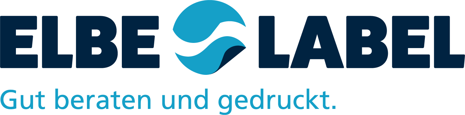 ELBE LABEL logo in blue and green with the slogan “Gut beraten und gedruckt.”