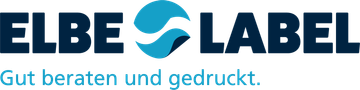 ELBE LABEL logo in blue and green with the slogan “Gut beraten und gedruckt.”