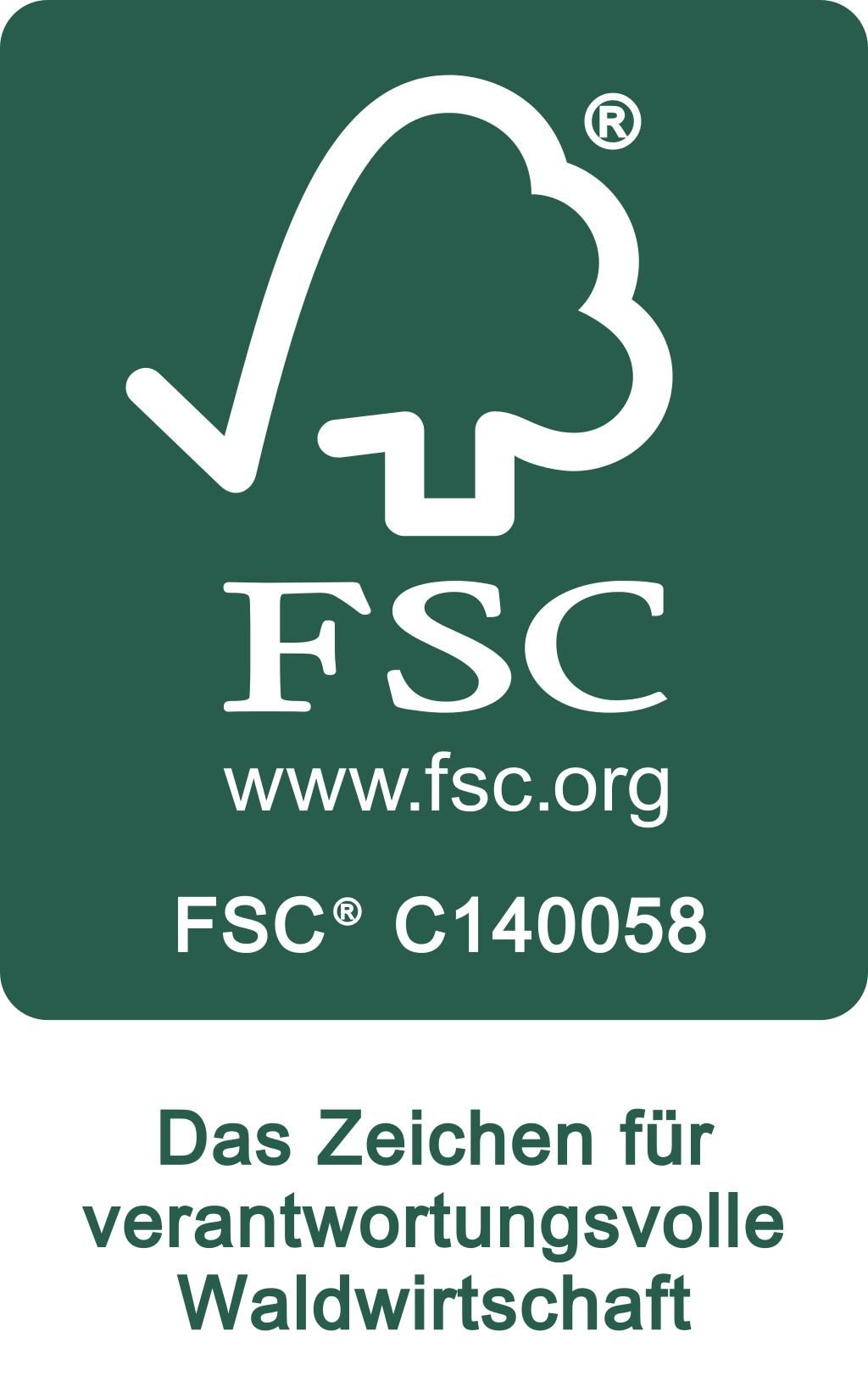 FSC-Logo in Grün mit Baum-Häkchen, www.fsc.org, FSC® C140058, Deutscher Text für verantwortungsvolle Forstwirtschaft