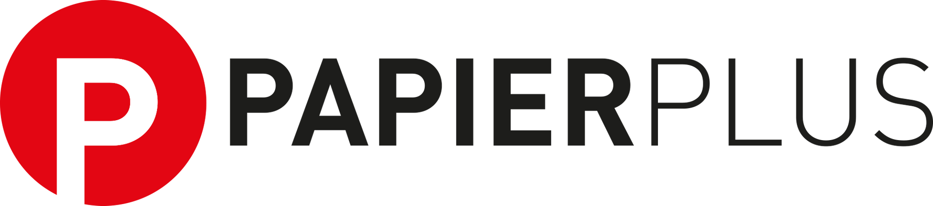 PapierPlus-Logo mit einem roten „P“ in einem Kreis und schwarzem „PAPIERPLUS“-Schriftzug auf weißem Hintergrund