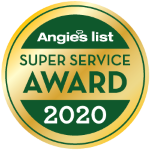 Angie 's list super service award 2020 is a green and gold badge.