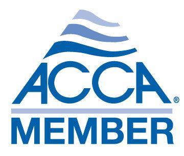 ACCA Member logo in blue and white with stylized wave above text