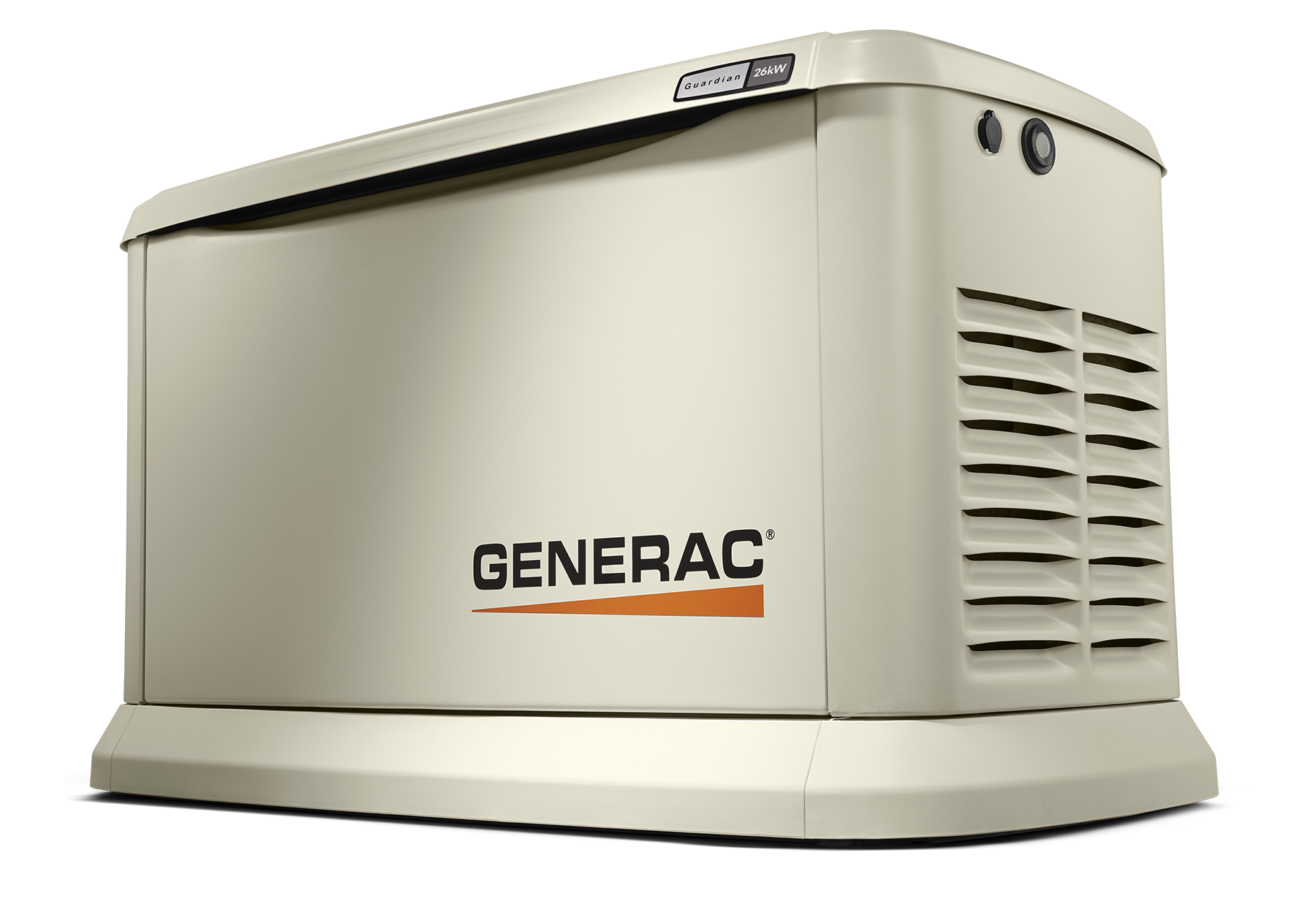 Beige Generac home standby generator with vented side panel and orange logo