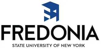 Fredonia State University of New York logo with blue abstract emblem and black text