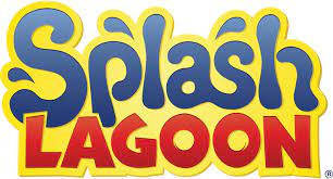 Splash Lagoon logo in blue and yellow with red outline