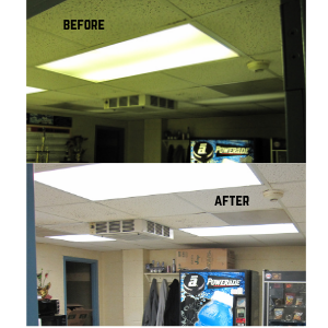 Split image of a ceiling light and room, labeled “Before” with yellow tint and “After” with white light.