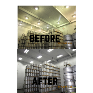 Warehouse tanks comparison labeled before and after, showing brighter lighting and cleaner appearance.