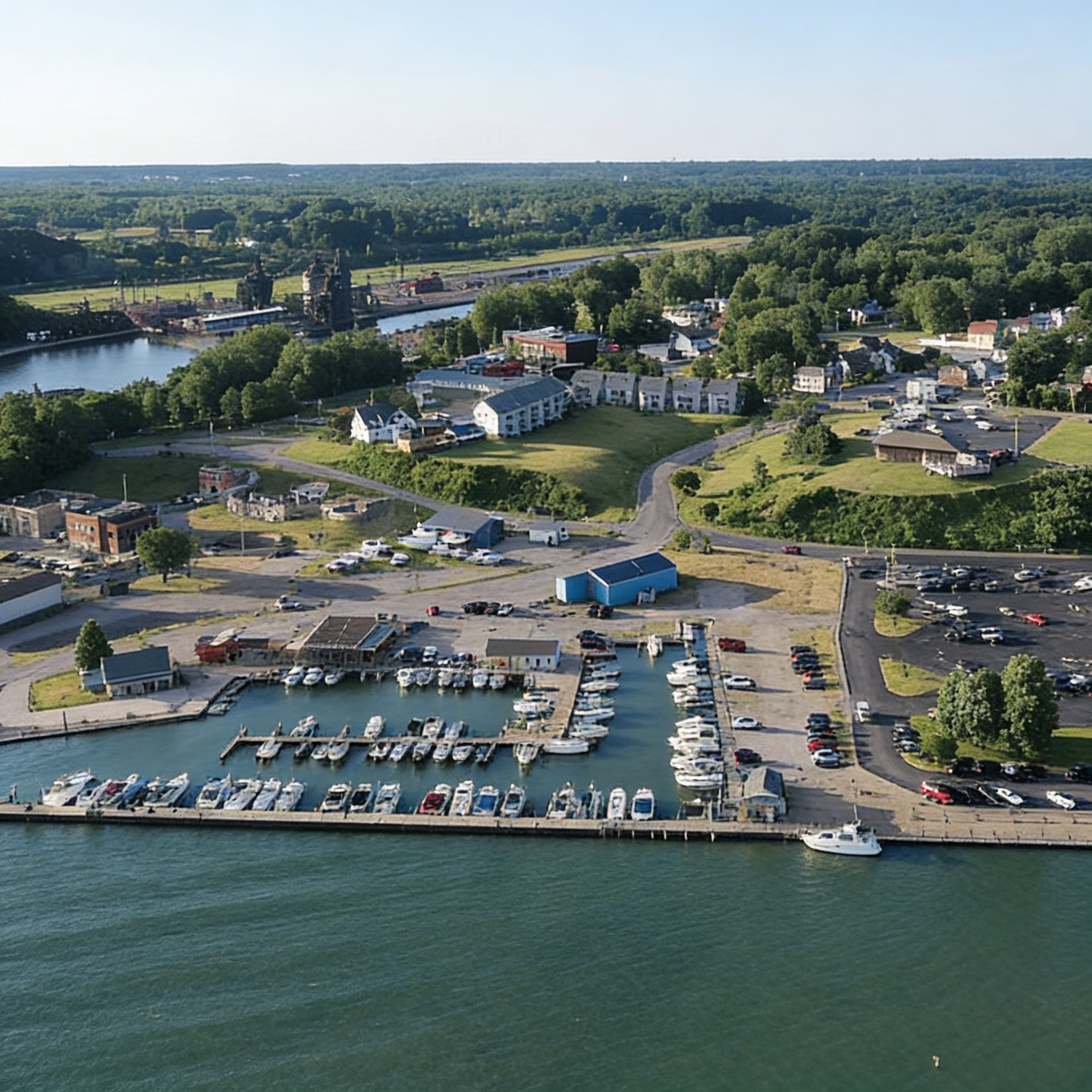 Aerial view of a marina with boats, waterfront buildings, and a green shoreline beside calm water