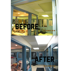 Before-and-after view of a renovated office interior with new ceiling lights and blue walls.