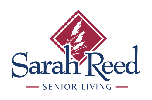 Sarah Reed Senior Living logo with burgundy diamond and blue text on white background