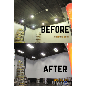 Before-and-after warehouse interior with brighter white walls and organized stacked boxes after renovation