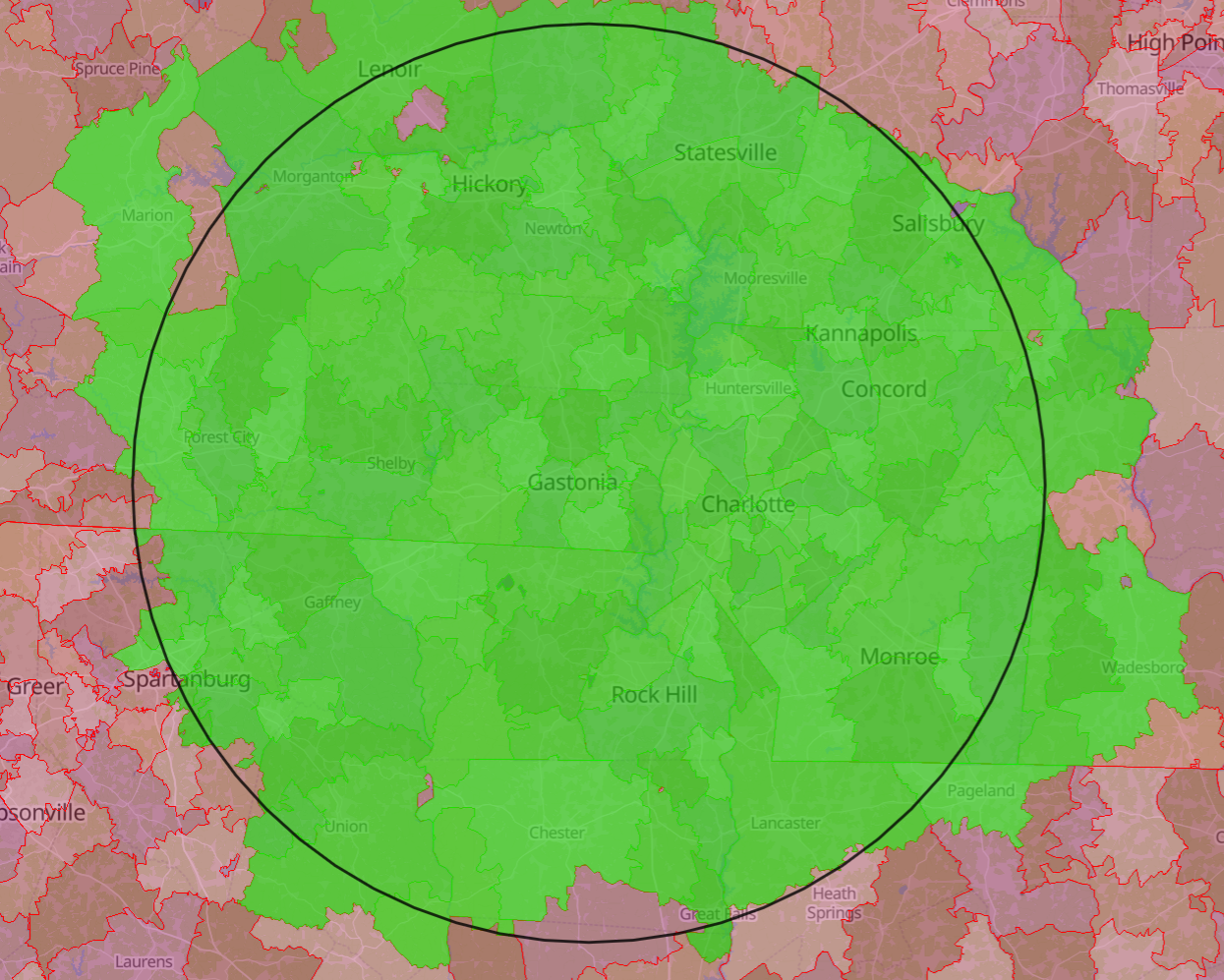 A green circle overlays a map highlighting an area. Green and reddish-brown regions are visible.