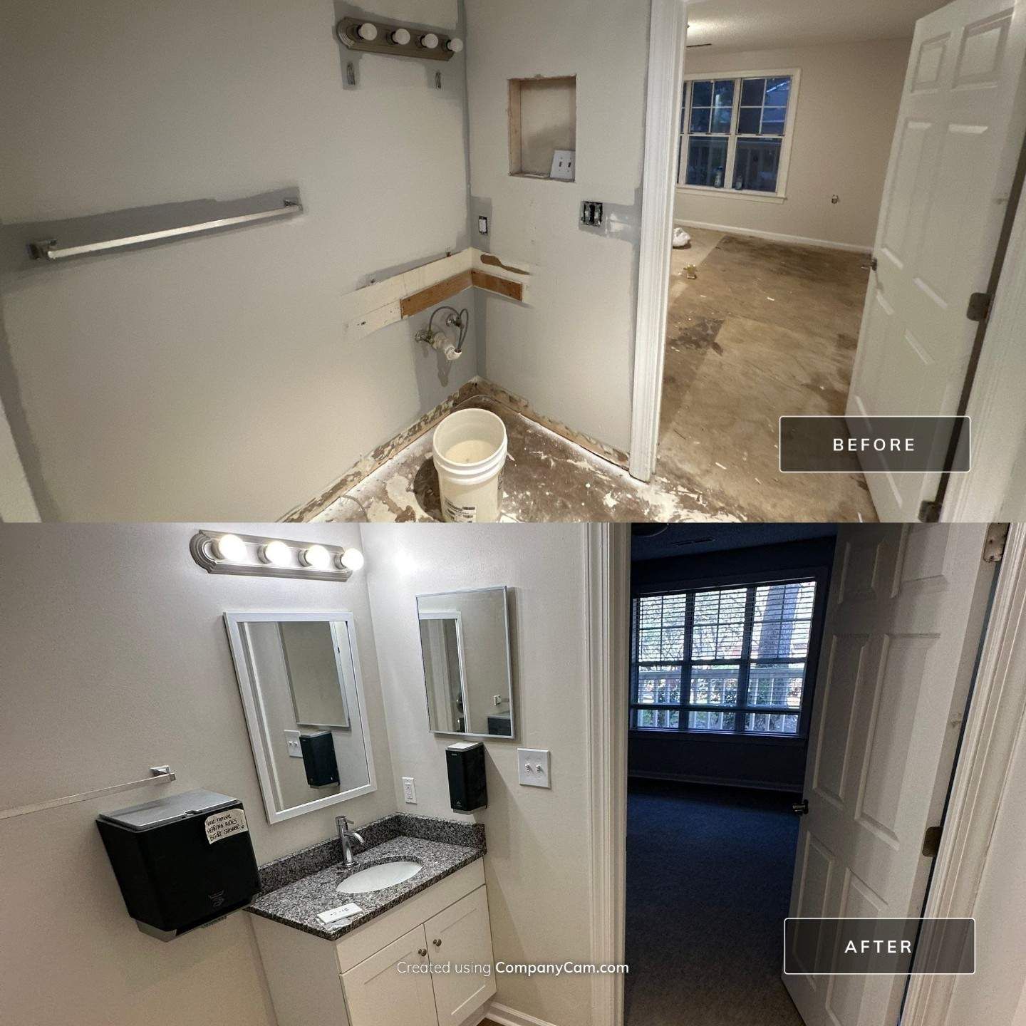 Comparison of a bathroom before and after renovation. The 