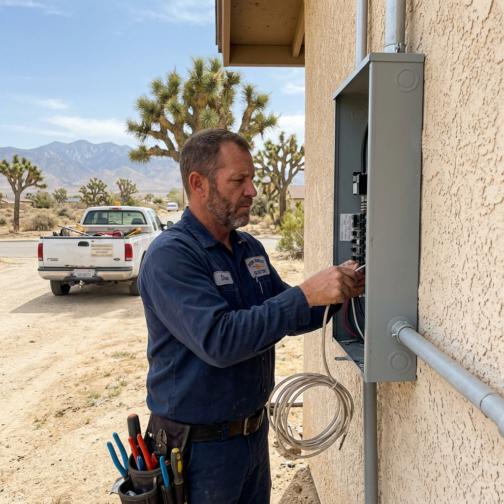 Licensed C-10 electrician installing a 200-amp electrical panel upgrade at a Victorville, California