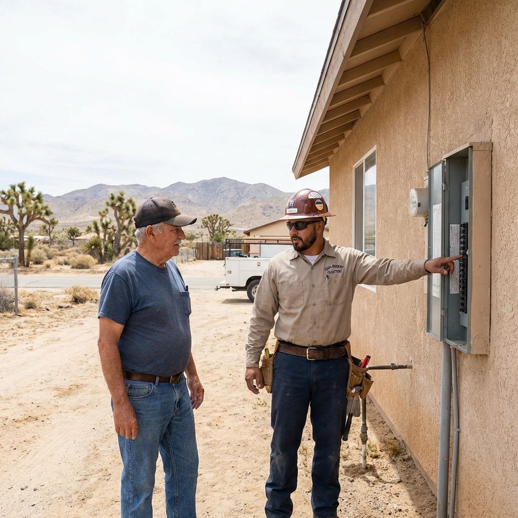 Electrician inspecting electrical panel at Adelanto California home with desert mountains in background