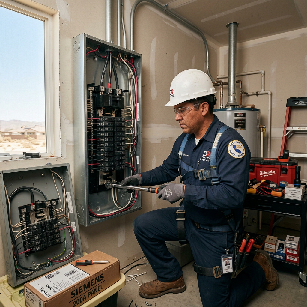Licensed C-10 electrician performing a 200-amp electrical panel upgrade at a Hesperia CA home