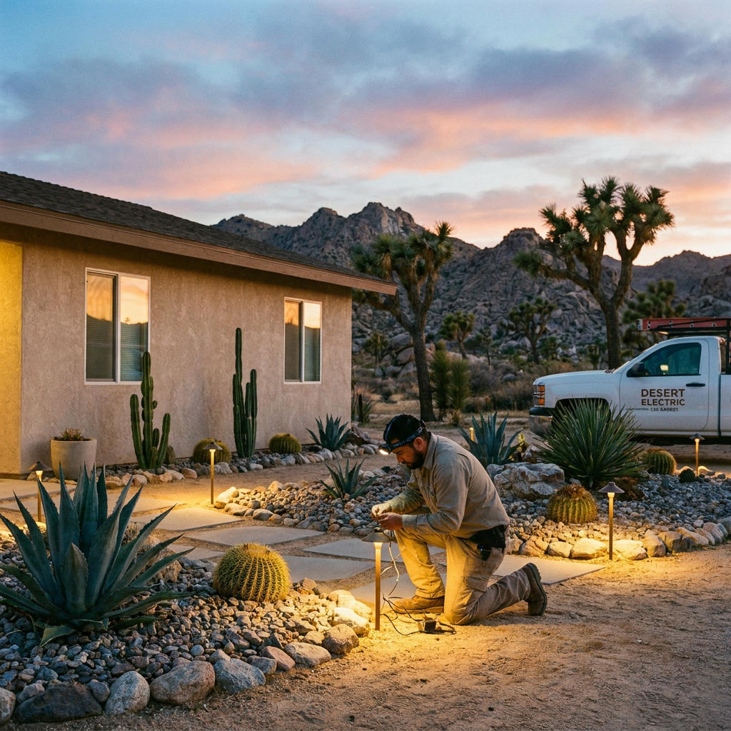Licensed electrician installing outdoor LED landscape lighting on a Hesperia, CA home 