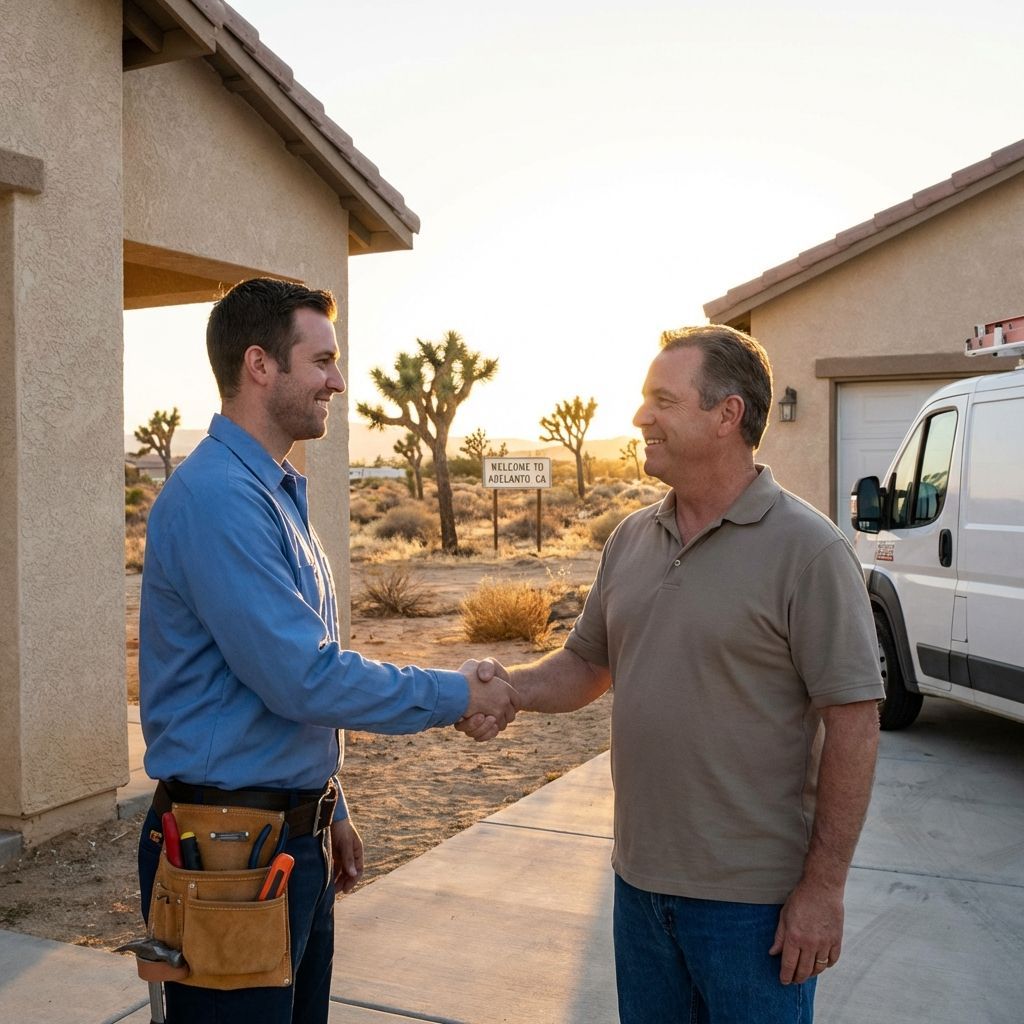 Electrician greeting homeowner outside Adelanto California residence at sunset