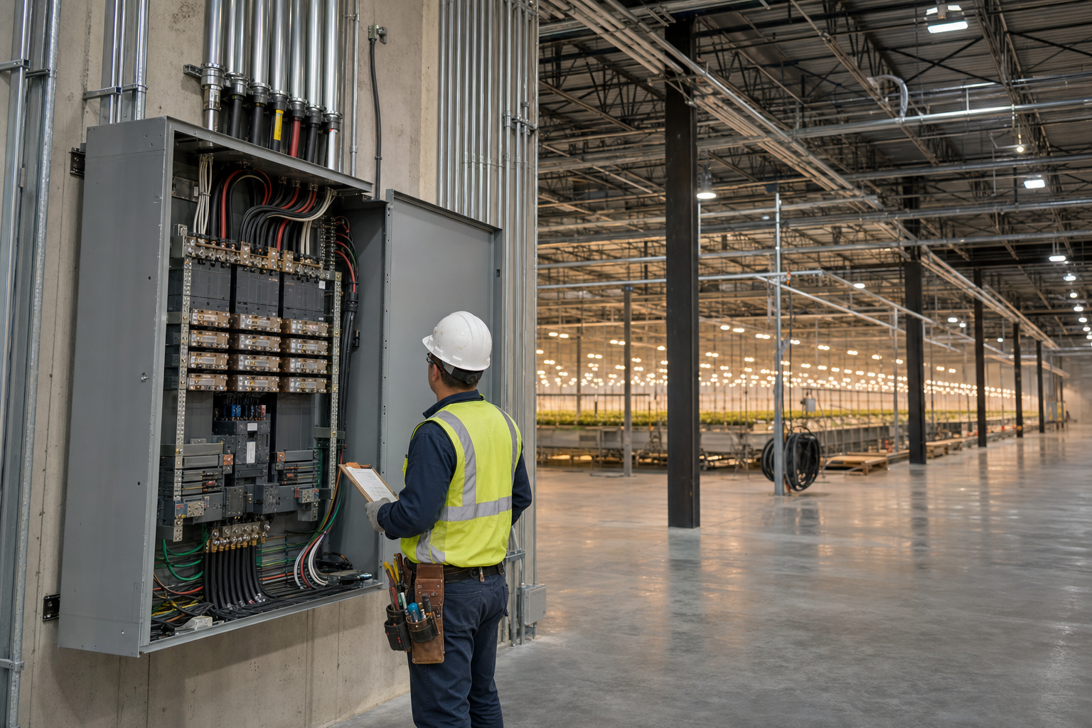 Electrician inspecting a high-capacity commercial panel inside an Adelanto, CA industrial warehouse