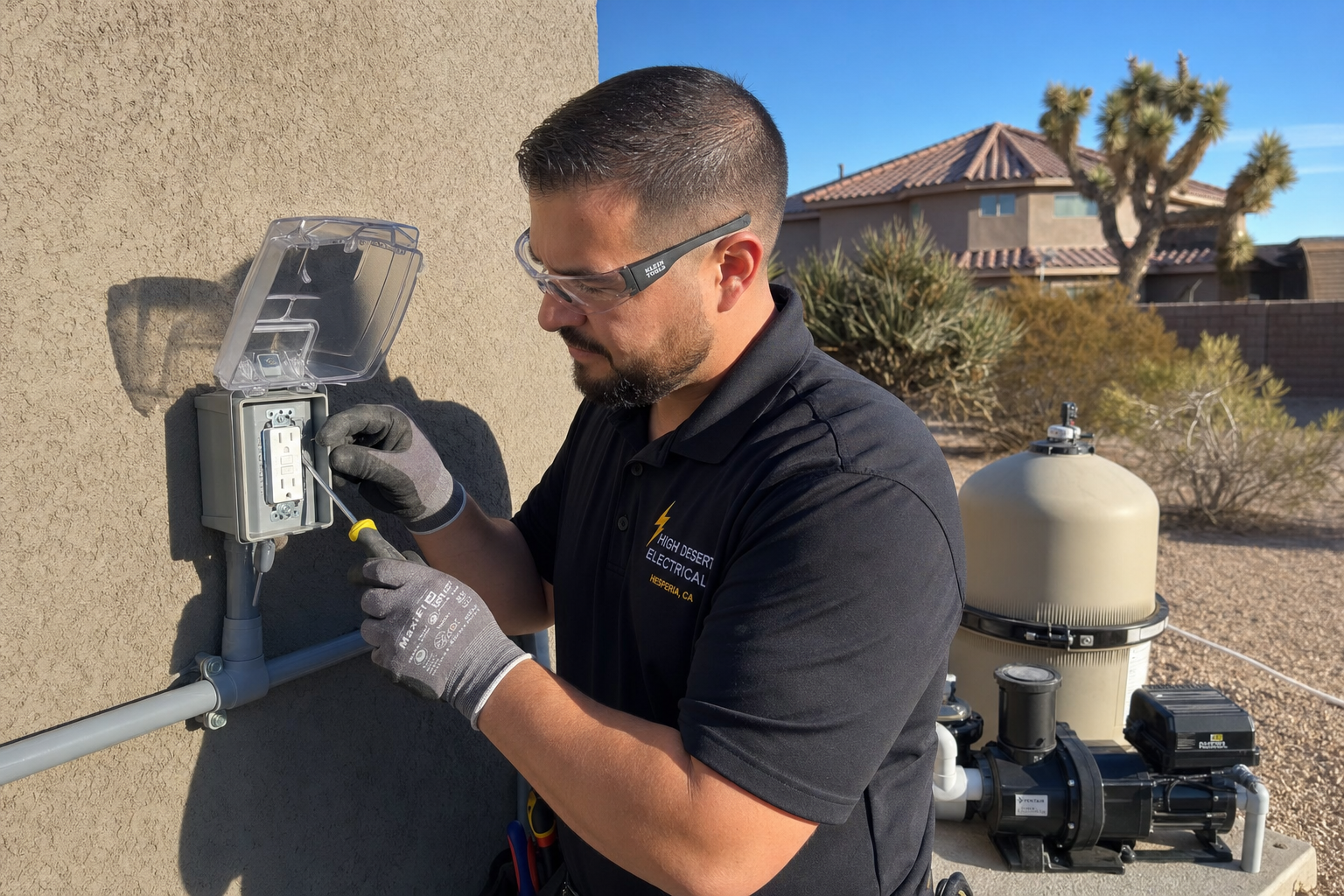 Electrician installing GFCI-protected pool equipment wiring at a Hesperia, CA home