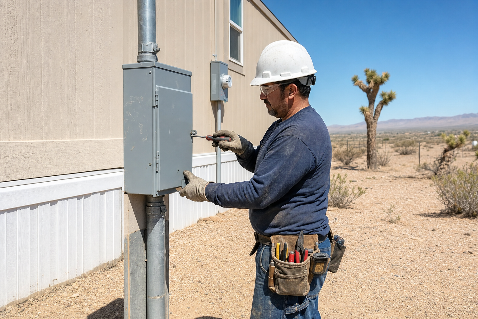 Electrician installing a required exterior service disconnect for a manufactured home in Hesperia