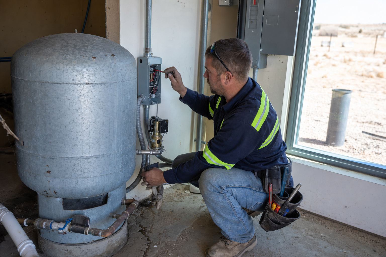 Electrician installing a well pump disconnect and pressure switch assembly in Hesperia, CA