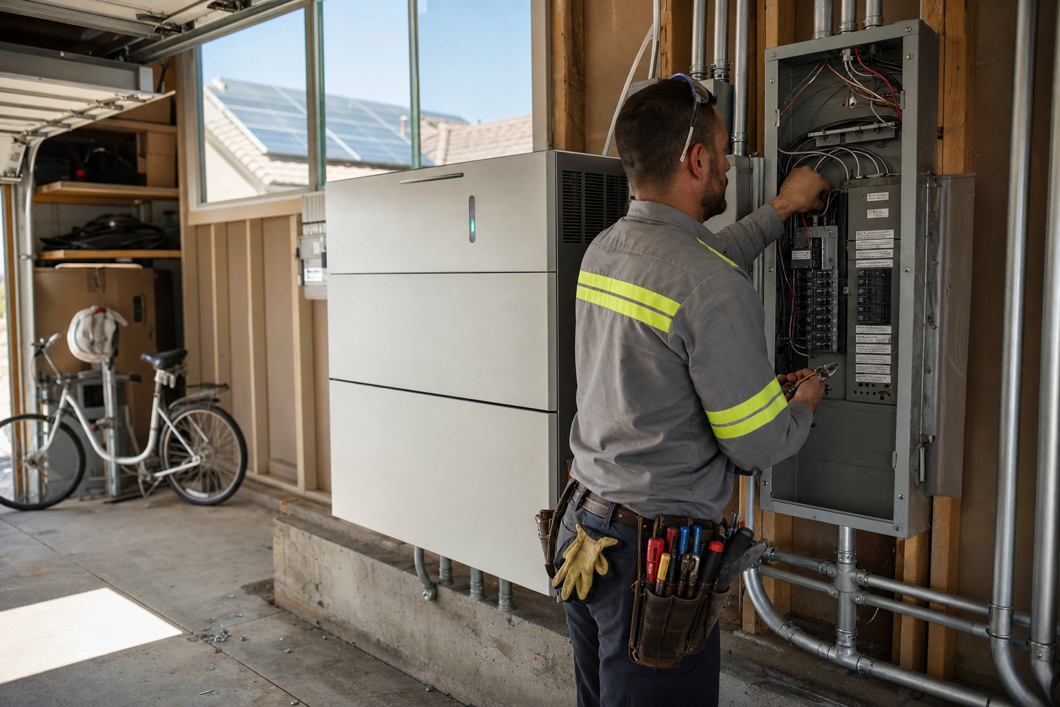 Electrician installing a battery storage system and critical loads panel in a Hesperia, CA home