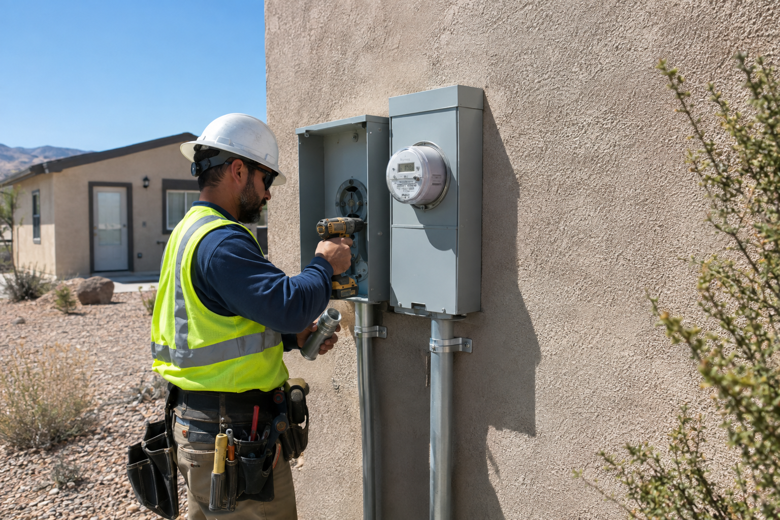 Electrician installing a separate ADU meter beside the main home meter in Hesperia, CA
