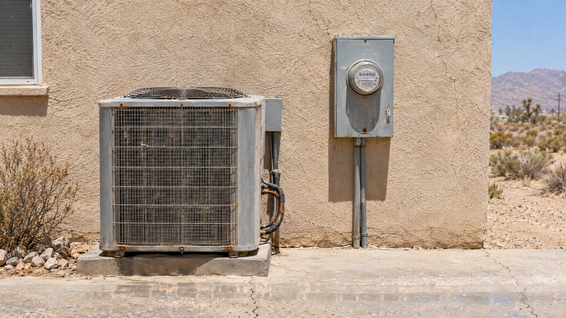 AC condenser and electrical meter on a Hesperia home during a heat wave