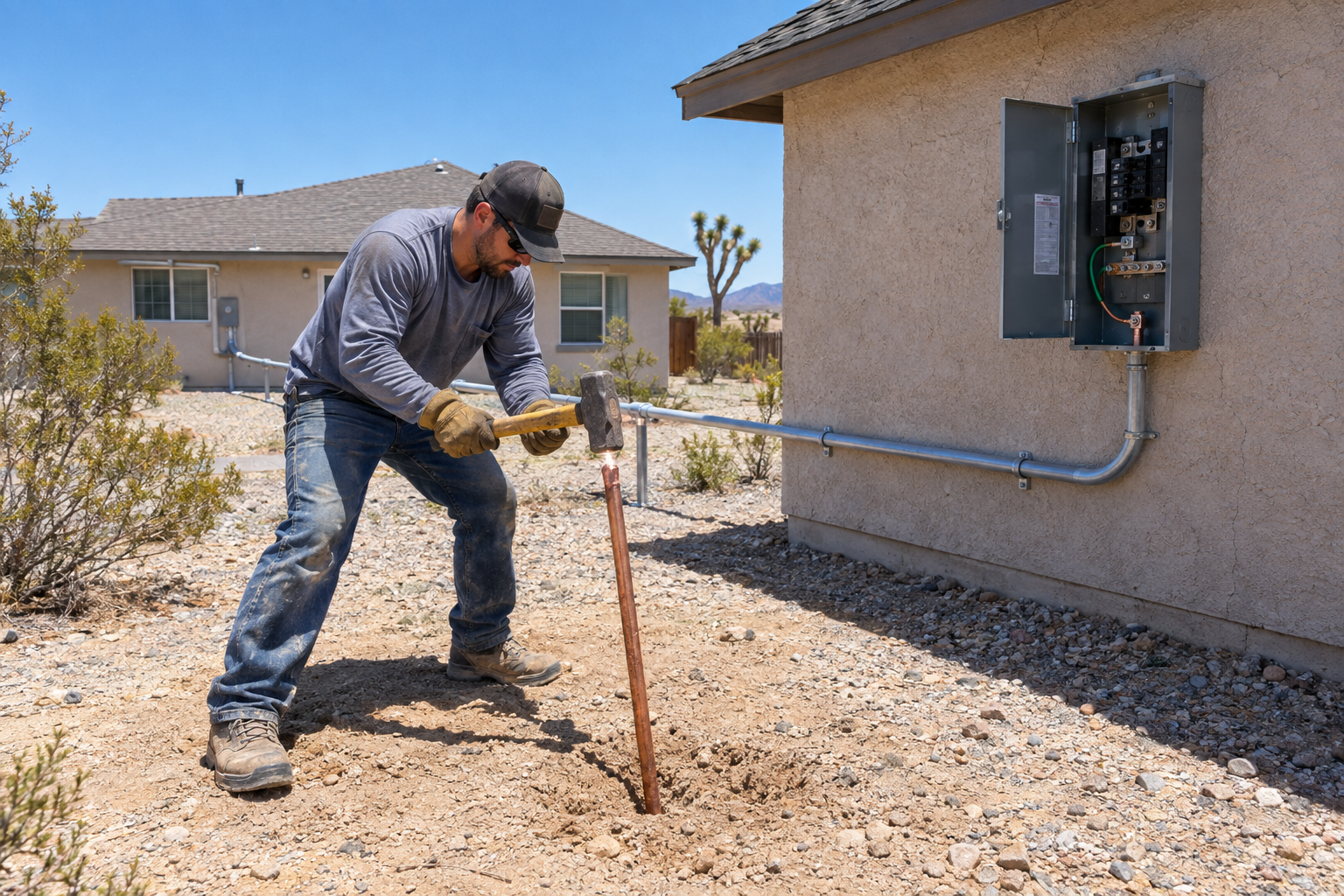 Electrician installing a grounding electrode for a detached garage subpanel in Hesperia, CA