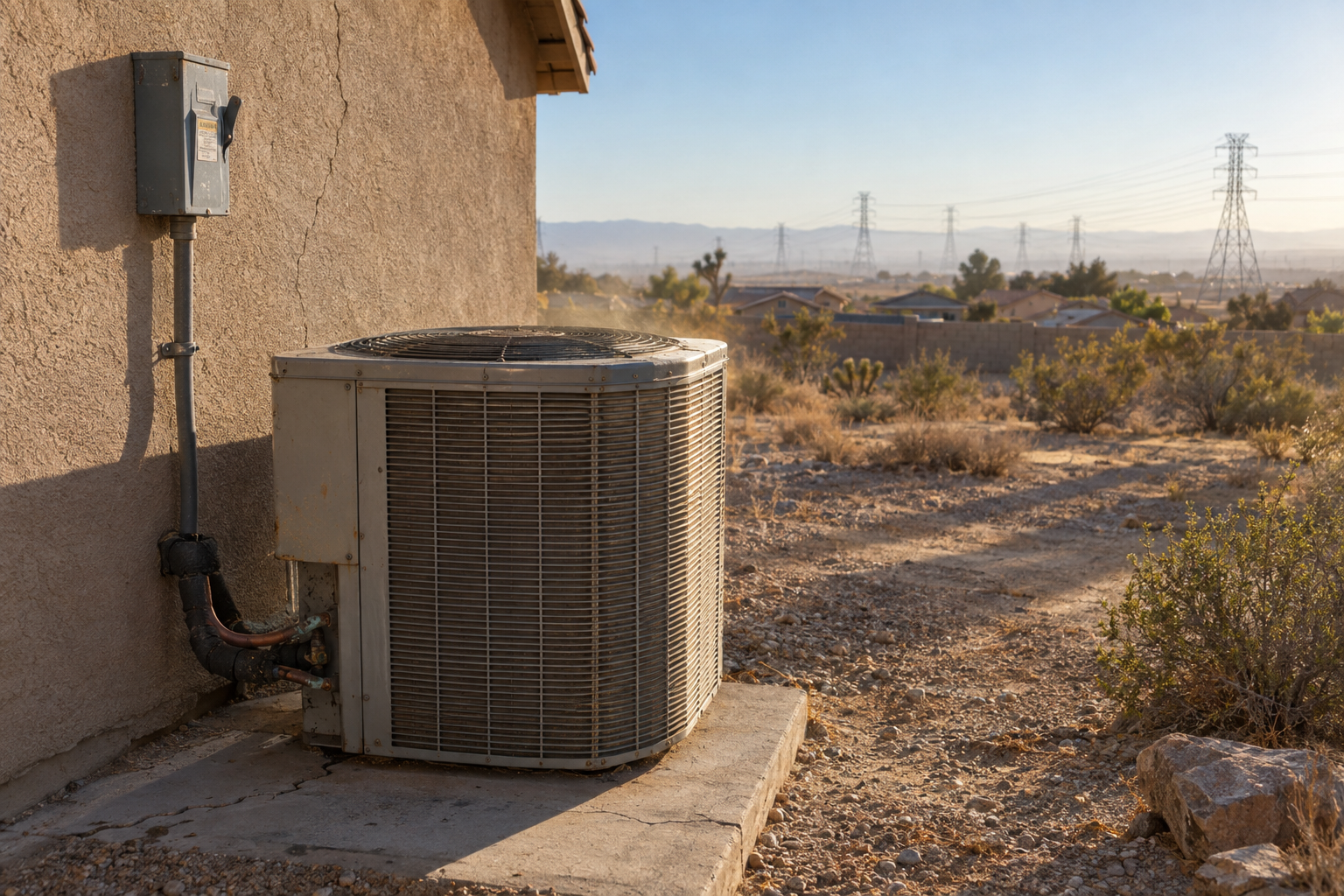 AC condenser and electrical disconnect on a Hesperia home with transmission towers visible 