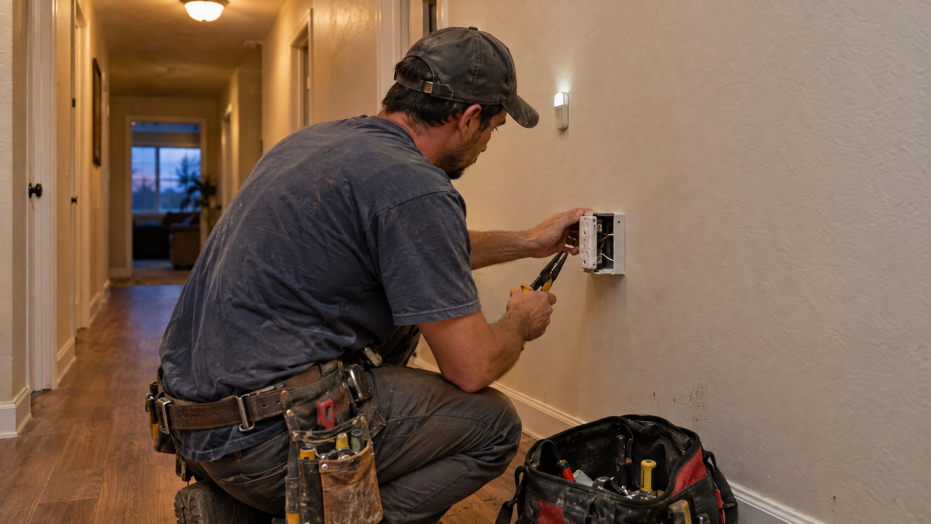 Electrician installing an accessible-height outlet in an Apple Valley, CA home