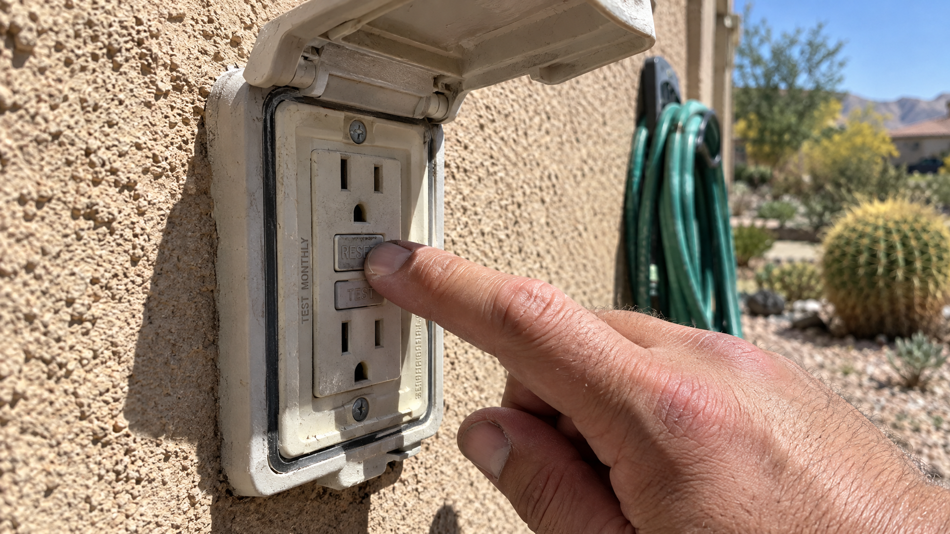 Resetting an outdoor GFCI outlet on a Hesperia, CA home