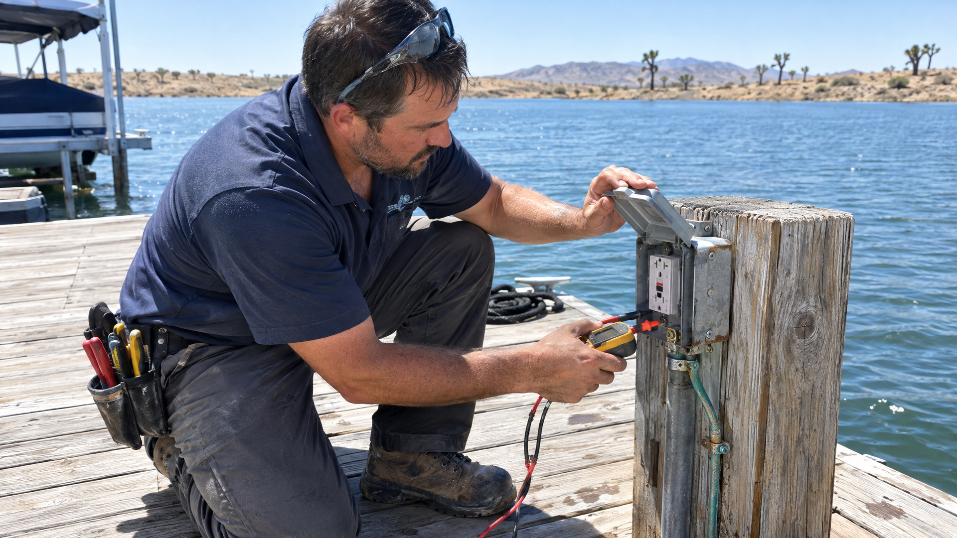 Electrician inspecting dock electrical bonding at Spring Valley Lake, Apple Valley CA