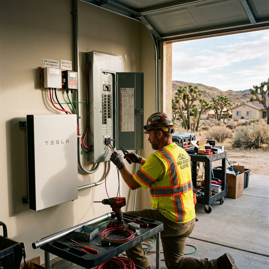 Licensed C-10 electrician installing a battery backup interlock kit on an electrical panel 