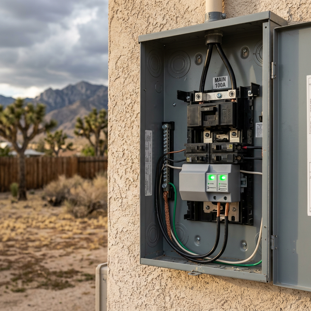 Whole-home surge protector installed inside a residential electrical panel at a Hesperia, California