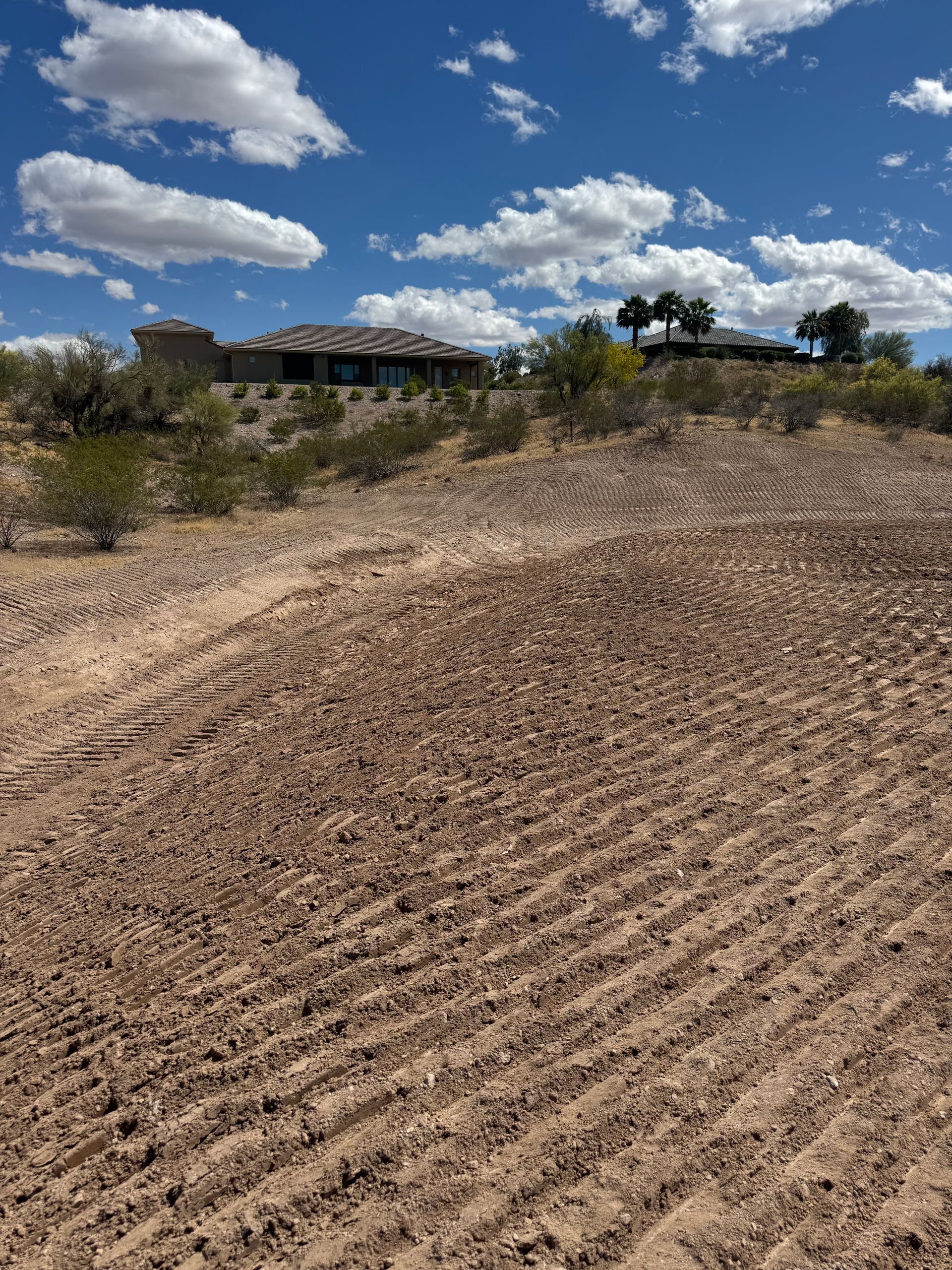 Dry, freshly tilled field under a blue sky with clouds, with a house and sparse trees in the background