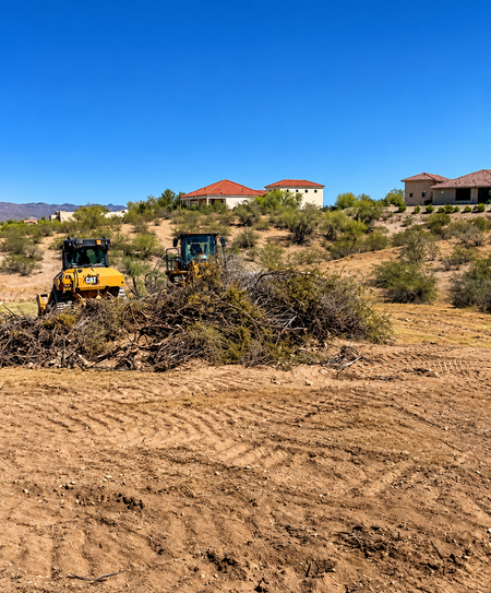 Yellow bulldozer clearing brush in a dry desert lot with houses in the background under a clear blue sky