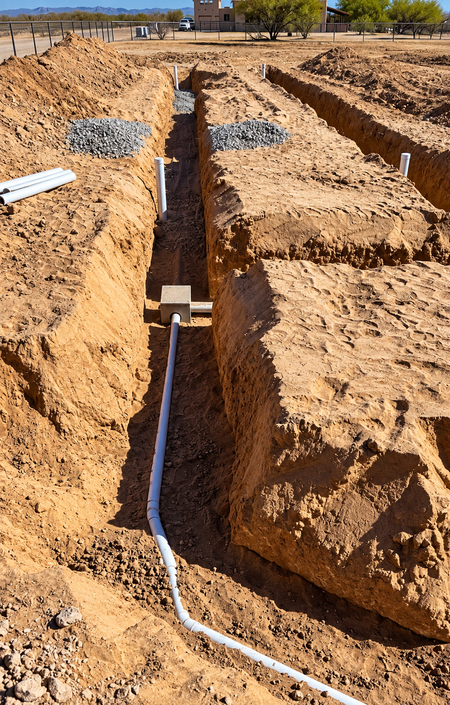 Trenches in sandy soil with white pipes laid underground at an outdoor construction site.